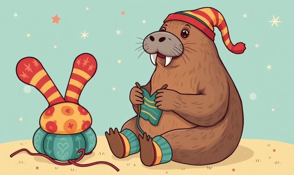 A walrus knitting socks